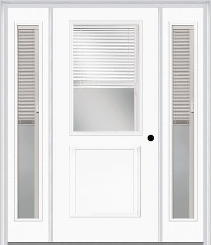 MMI 1/2 Lite 1 Panel Raise/Lower Blinds 3'0" X 6'8" Fiberglass Smooth Exterior Prehung Door With 2 Full Lite Glass Raise/Lower Blinds Sidelights 682 RLB 690 RLB
