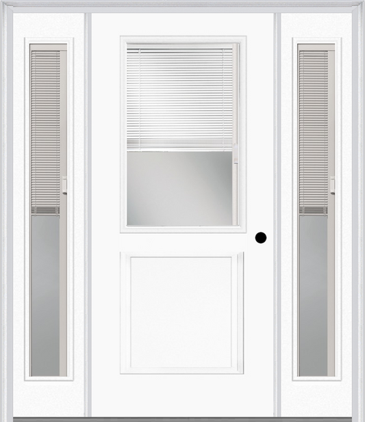 MMI 1/2 Lite 1 Panel Raise/Lower Blinds 3'0" X 6'8" Fiberglass Smooth Exterior Prehung Door With 2 Full Lite Glass Raise/Lower Blinds Sidelights 682 RLB 690 RLB