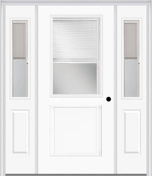 MMI 1/2 Lite 1 Panel Raise/Lower Blinds 3'0" X 6'8" Fiberglass Smooth Exterior Prehung Door With 2 Half Lite Glass Raise/Lower Blinds Sidelights 682 RLB 692 RLB