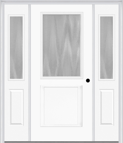 MMI 1/2 LITE 1 PANEL 3'0" X 6'8" TEXTURED/PRIVACY FIBERGLASS SMOOTH EXTERIOR PREHUNG DOOR WITH 2 HALF LITE TEXTURED/PRIVACY GLASS SIDELIGHTS 682