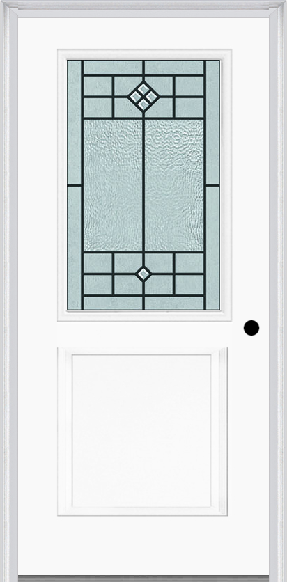 MMI 1/2 Lite 1 Panel 6'8" Fiberglass Smooth Beaufort Patina Decorative Glass Exterior Prehung Door 682