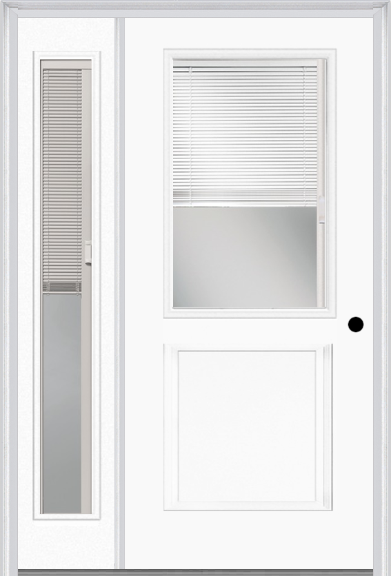 MMI 1/2 Lite 1 Panel Raise/Lower Blinds 3'0" X 6'8" Fiberglass Smooth Exterior Prehung Door With 1 Full Lite Glass Raise/Lower Blinds Sidelight 682 RLB 690 RLB