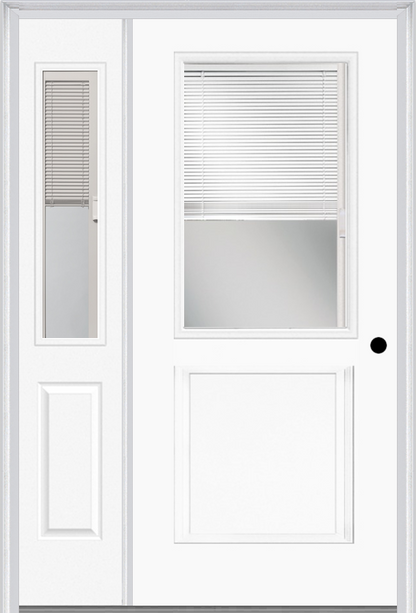 MMI 1/2 Lite 1 Panel Raise/Lower Blinds 3'0" X 6'8" Fiberglass Smooth Exterior Prehung Door With 1 Half Lite Glass Raise/Lower Blinds Sidelight 682 RLB 692 RLB