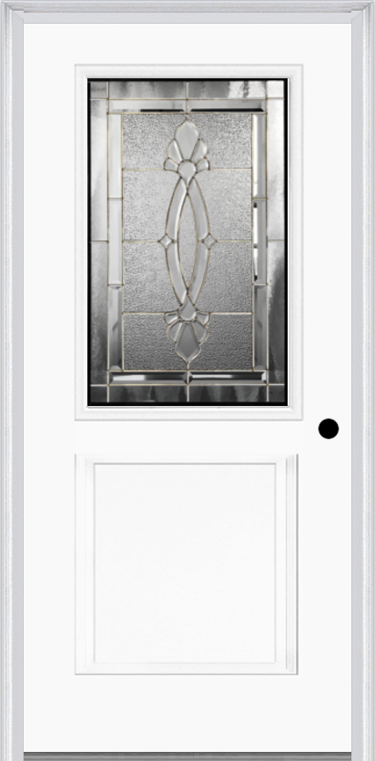 MMI 1/2 Lite 1 Panel 6'8" Fiberglass Smooth Belaire Zinc Decorative Glass Exterior Prehung Door 682