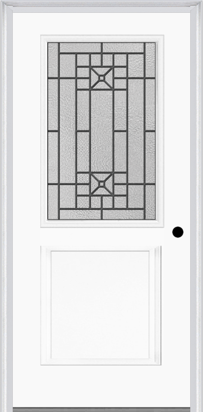 MMI 1/2 Lite 1 Panel 6'8" Fiberglass Smooth Courtyard Nickel Vein Wrought Iron Decorative Glass Exterior Prehung Door 682