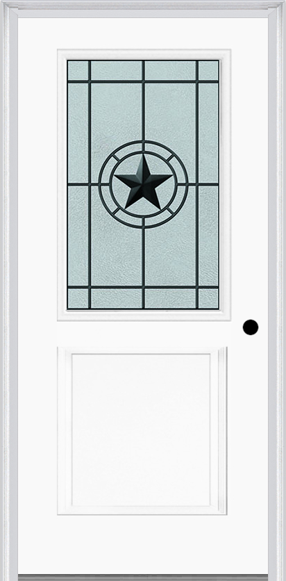 MMI 1/2 Lite 1 Panel 6'8" Fiberglass Smooth Elegant Star Wrought Iron Decorative Glass Exterior Prehung Door 682