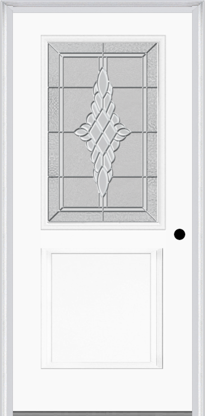 MMI 1/2 Lite 1 Panel 6'8" Fiberglass Smooth Grace Nickel Or Grace Patina Decorative Glass Exterior Prehung Door 682