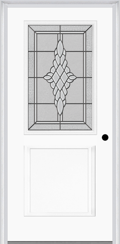 MMI 1/2 Lite 1 Panel 6'8" Fiberglass Smooth Grace Nickel Or Grace Patina Decorative Glass Exterior Prehung Door 682