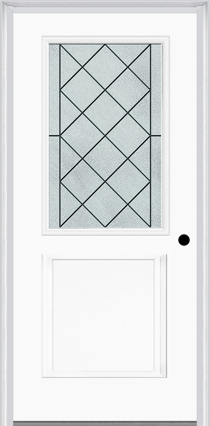 MMI 1/2 Lite 1 Panel 6'8" Fiberglass Smooth Harris Patina Decorative Glass Exterior Prehung Door 682