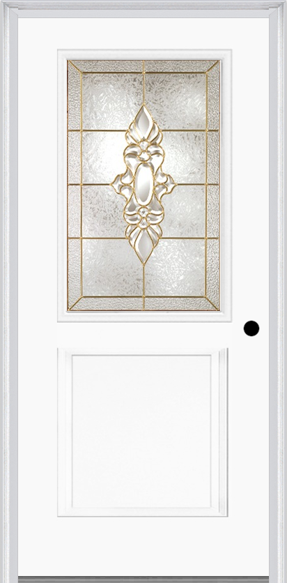 MMI 1/2 Lite 1 Panel 6'8" Fiberglass Smooth Heirlooms Brass Or Heirlooms Satin Nickel Decorative Glass Exterior Prehung Door 682