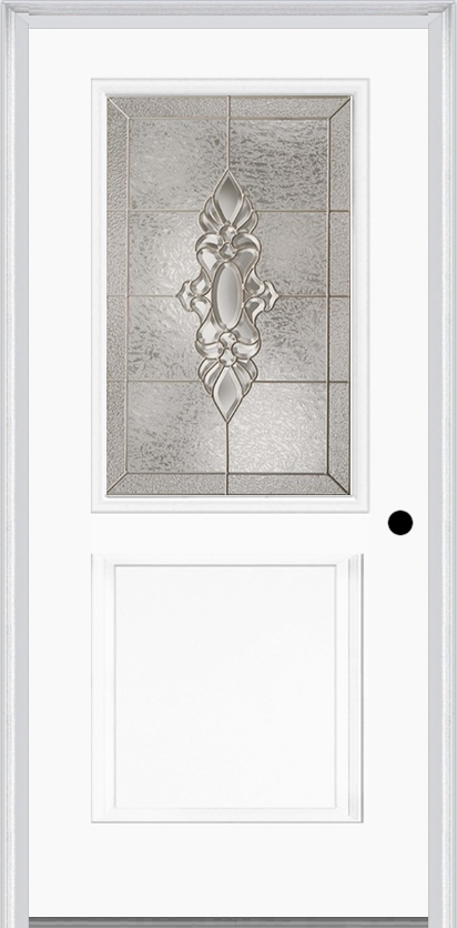 MMI 1/2 Lite 1 Panel 6'8" Fiberglass Smooth Heirlooms Brass Or Heirlooms Satin Nickel Decorative Glass Exterior Prehung Door 682