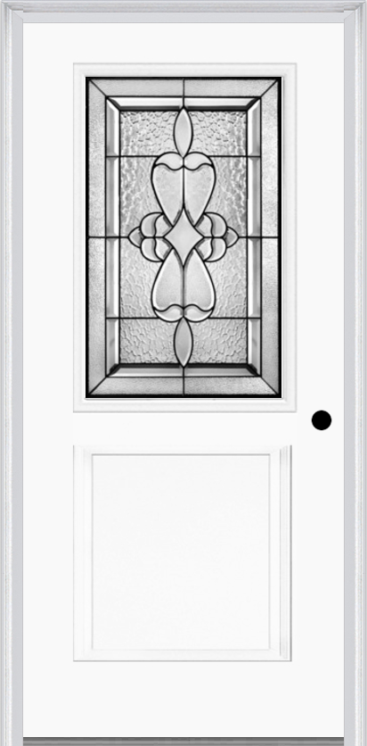 MMI 1/2 Lite 1 Panel 6'8" Fiberglass Smooth Jamestown Patina Decorative Glass Exterior Prehung Door 682