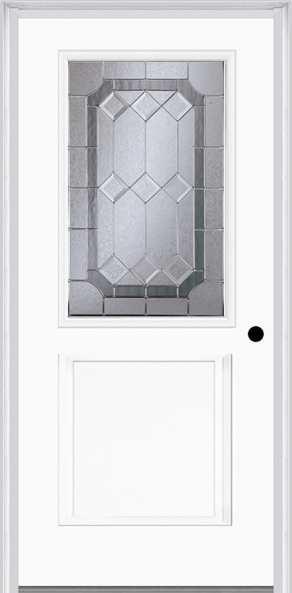 MMI 1/2 Lite 1 Panel 6'8" Fiberglass Smooth Majestic Nickel Decorative Glass Exterior Prehung Door 682