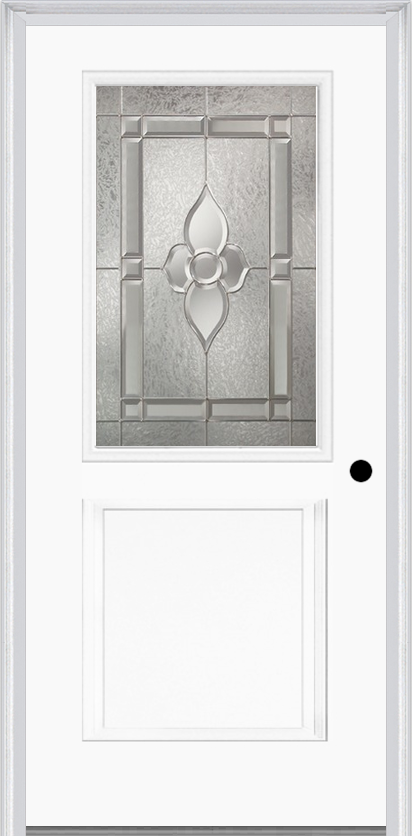 MMI 1/2 Lite 1 Panel 6'8" Fiberglass Smooth Nouveau Nickel Or Nouveau Patina Decorative Glass Exterior Prehung Door 682