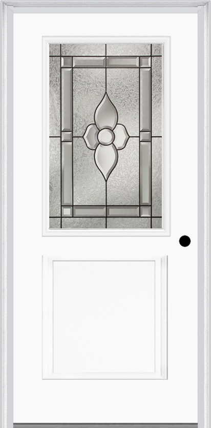 MMI 1/2 Lite 1 Panel 6'8" Fiberglass Smooth Nouveau Nickel Or Nouveau Patina Decorative Glass Exterior Prehung Door 682