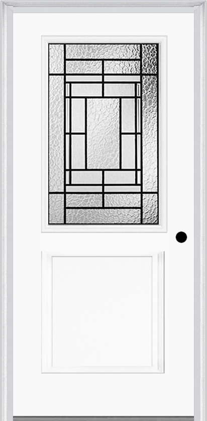 MMI 1/2 Lite 1 Panel 6'8" Fiberglass Smooth Pembrook Patina Decorative Glass Exterior Prehung Door 682