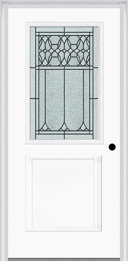 MMI 1/2 Lite 1 Panel 6'8" Fiberglass Smooth Selwyn Patina Decorative Glass Exterior Prehung Door 682