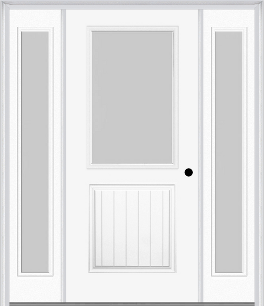 MMI 1/2 Lite 1 Panel Planked 3'0" X 6'8" Textured/Privacy Fiberglass Smooth Exterior Prehung Door With 2 Full Lite Textured/Privacy Glass Sidelights 683