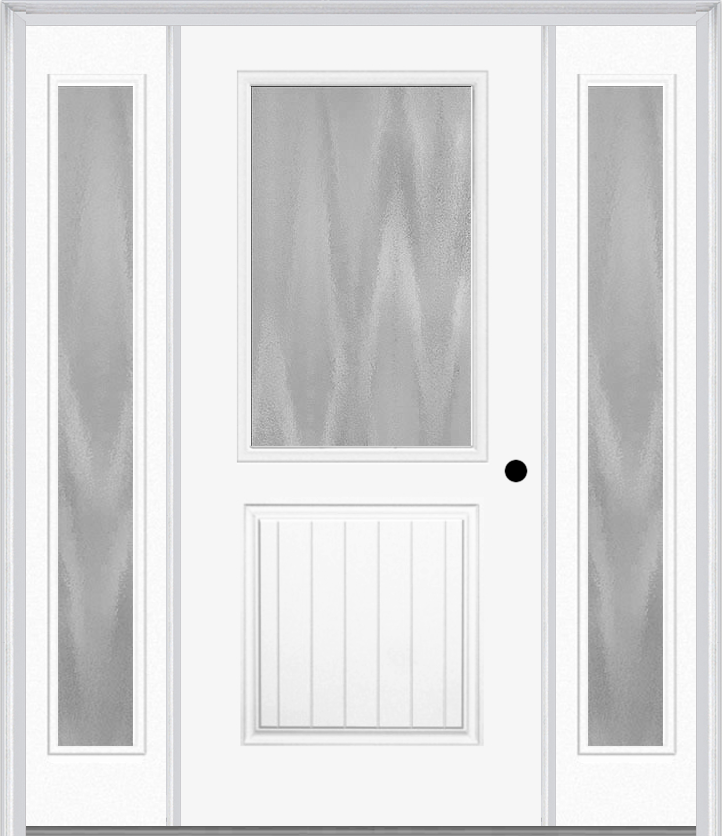 MMI 1/2 Lite 1 Panel Planked 3'0" X 6'8" Textured/Privacy Fiberglass Smooth Exterior Prehung Door With 2 Full Lite Textured/Privacy Glass Sidelights 683