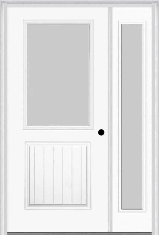 MMI 1/2 Lite 1 Panel Planked 3'0" X 6'8" Textured/Privacy Fiberglass Smooth Exterior Prehung Door With 1 Full Lite Textured/Privacy Glass Sidelight 683