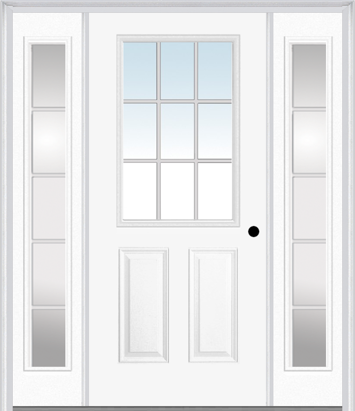 MMI 1/2 Lite 2 Panel External SDL Grilles 3'0" X 6'8" Fiberglass Smooth Exterior Prehung Door With 2 Full Lite Glass SDL Grilles Sidelights 55
