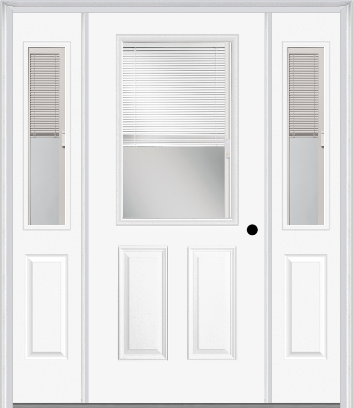 MMI 1/2 Lite 2 Panel Raise/Lower Blinds 3'0" X 6'8" Fiberglass Smooth Exterior Prehung Door With 2 Half Lite Glass Raise/Lower Blinds Sidelights 684 RLB 692 RLB