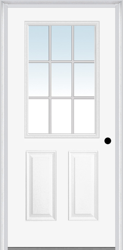 MMI 1/2 LITE 2 PANEL 6'8" BUILDERS CLASSIC 9 LITE CLEAR GLASS WHITE EXTERNAL GRILLES FINGER JOINTED PRIMED EXTERIOR PREHUNG DOOR 55