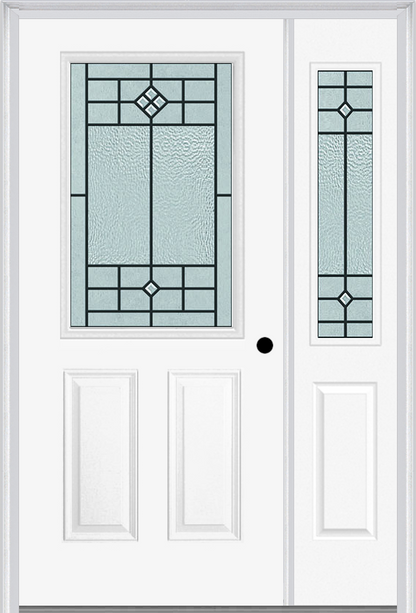 MMI 1/2 Lite 2 Panel 6'8" Fiberglass Smooth Beaufort Patina Exterior Prehung Door With 1 Half Lite Beaufort Patina Decorative Glass Sidelight 684