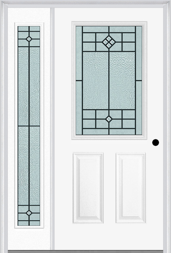 MMI 1/2 Lite 2 Panel 6'8" Fiberglass Smooth Beaufort Patina Exterior Prehung Door With 1 Full Lite Beaufort Patina Decorative Glass Sidelight 684