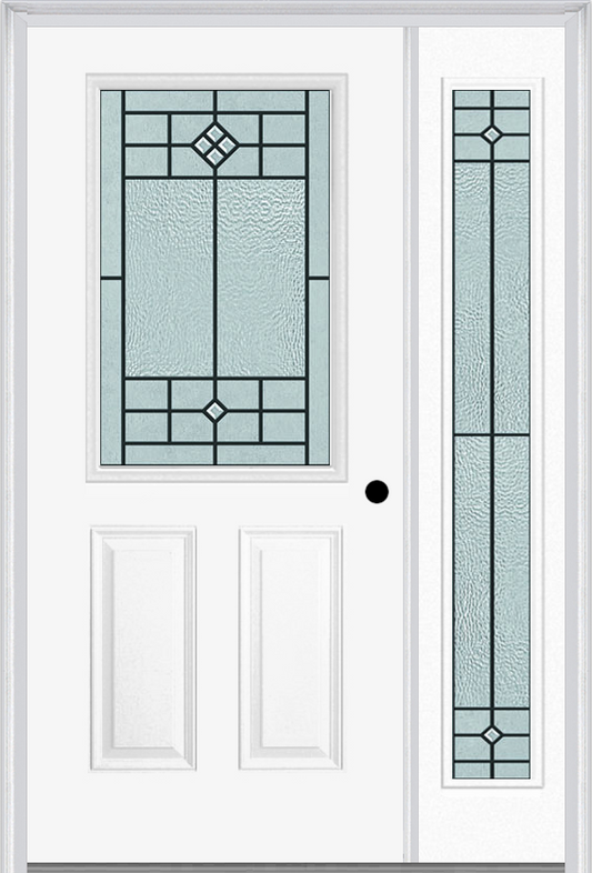 MMI 1/2 Lite 2 Panel 6'8" Fiberglass Smooth Beaufort Patina Exterior Prehung Door With 1 Full Lite Beaufort Patina Decorative Glass Sidelight 684