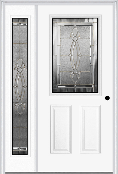 MMI 1/2 Lite 2 Panel 6'8" Fiberglass Smooth Belaire Zinc Exterior Prehung Door With 1 Full Lite Belaire Zinc Decorative Glass Sidelight 684