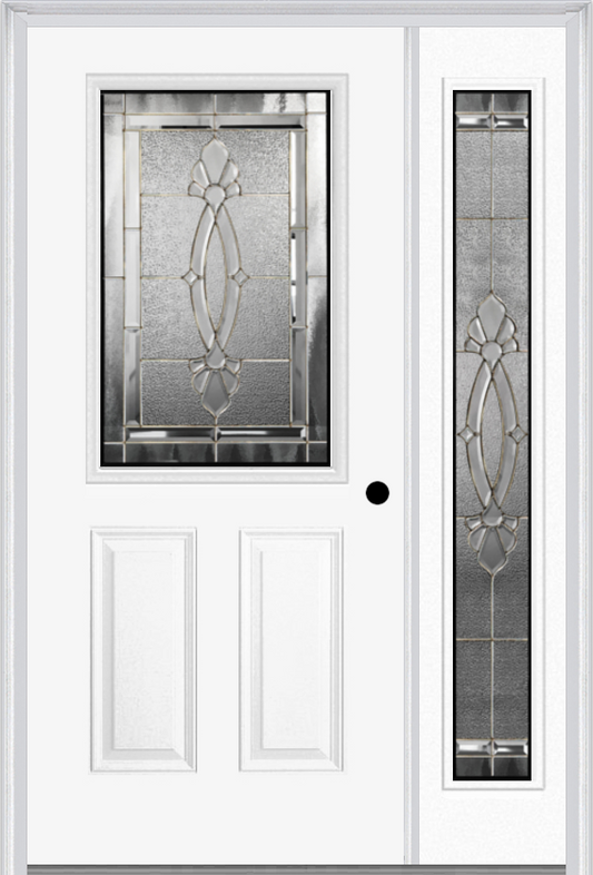 MMI 1/2 Lite 2 Panel 6'8" Fiberglass Smooth Belaire Zinc Exterior Prehung Door With 1 Full Lite Belaire Zinc Decorative Glass Sidelight 684