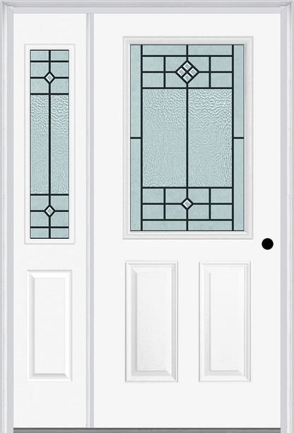 MMI 1/2 Lite 2 Panel 6'8" Fiberglass Smooth Beaufort Patina Exterior Prehung Door With 1 Half Lite Beaufort Patina Decorative Glass Sidelight 684