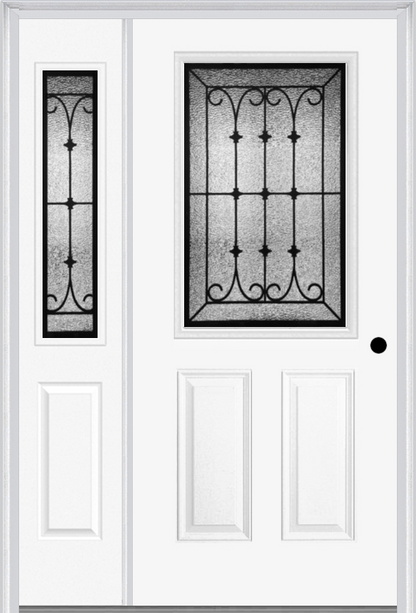 MMI 1/2 Lite 2 Panel 6'8" Fiberglass Smooth Chateau Wrought Iron Exterior Prehung Door With 1 Half Lite Chateau Wrought Iron Decorative Glass Sidelight 684