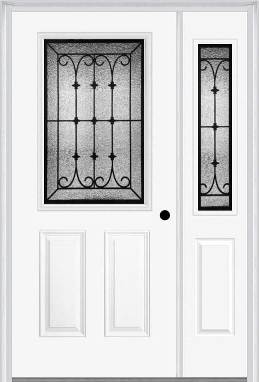 MMI 1/2 Lite 2 Panel 6'8" Fiberglass Smooth Chateau Wrought Iron Exterior Prehung Door With 1 Half Lite Chateau Wrought Iron Decorative Glass Sidelight 684