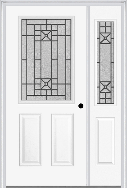 MMI 1/2 Lite 2 Panel 6'8" Fiberglass Smooth Courtyard Nickel Vein Wrought Iron Exterior Prehung Door With 1 Half Lite Courtyard Nickel Vein Wrought Iron Decorative Glass Sidelight 684