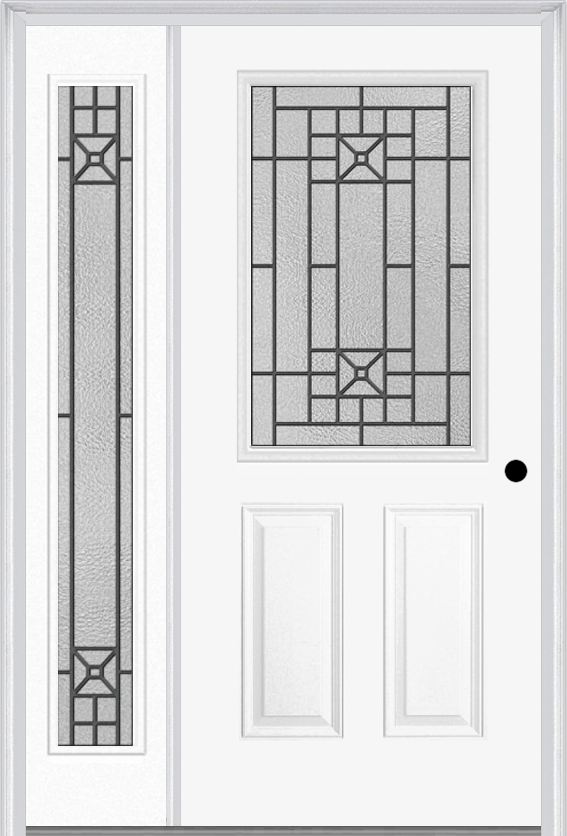 MMI 1/2 Lite 2 Panel 6'8" Fiberglass Smooth Courtyard Nickel Vein Wrought Iron Exterior Prehung Door With 1 Full Lite Courtyard Nickel Vein Wrought Iron Decorative Glass Sidelight 684