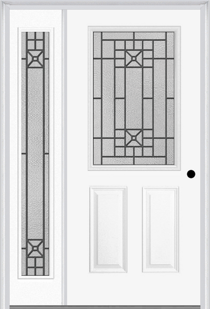 MMI 1/2 Lite 2 Panel 6'8" Fiberglass Smooth Courtyard Nickel Vein Wrought Iron Exterior Prehung Door With 1 Full Lite Courtyard Nickel Vein Wrought Iron Decorative Glass Sidelight 684