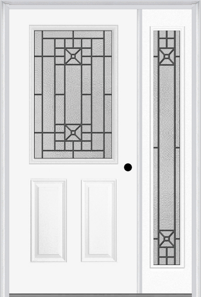 MMI 1/2 Lite 2 Panel 6'8" Fiberglass Smooth Courtyard Nickel Vein Wrought Iron Exterior Prehung Door With 1 Full Lite Courtyard Nickel Vein Wrought Iron Decorative Glass Sidelight 684