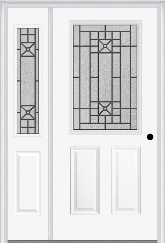 MMI 1/2 Lite 2 Panel 6'8" Fiberglass Smooth Courtyard Nickel Vein Wrought Iron Exterior Prehung Door With 1 Half Lite Courtyard Nickel Vein Wrought Iron Decorative Glass Sidelight 684