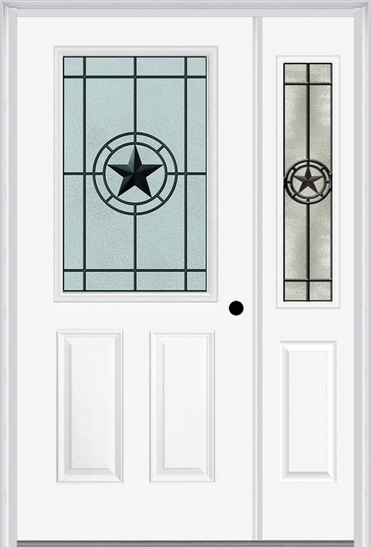 MMI 1/2 Lite 2 Panel 6'8" Fiberglass Smooth Elegant Star Wrought Iron Exterior Prehung Door With 1 Half Lite Elegant Star Wrought Iron Decorative Glass Sidelight 684