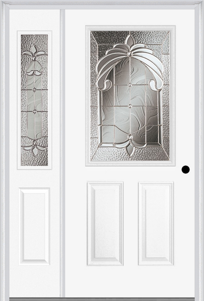 MMI 1/2 Lite 2 Panel 6'8" Fiberglass Smooth Expressions Satin Nickel Exterior Prehung Door With 1 Half Lite Expressions Satin Nickel Decorative Glass Sidelight 684