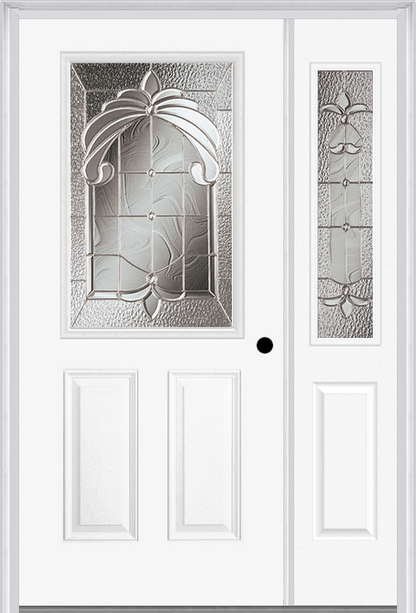 MMI 1/2 Lite 2 Panel 6'8" Fiberglass Smooth Expressions Satin Nickel Exterior Prehung Door With 1 Half Lite Expressions Satin Nickel Decorative Glass Sidelight 684