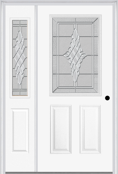 MMI 1/2 Lite 2 Panel 6'8" Fiberglass Smooth Grace Nickel Or Grace Patina Exterior Prehung Door With 1 Half Lite Grace Nickel/Patina Decorative Glass Sidelight 684