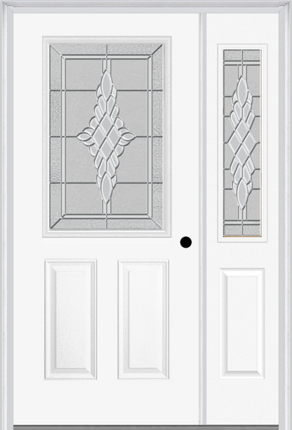 MMI 1/2 Lite 2 Panel 6'8" Fiberglass Smooth Grace Nickel Or Grace Patina Exterior Prehung Door With 1 Half Lite Grace Nickel/Patina Decorative Glass Sidelight 684