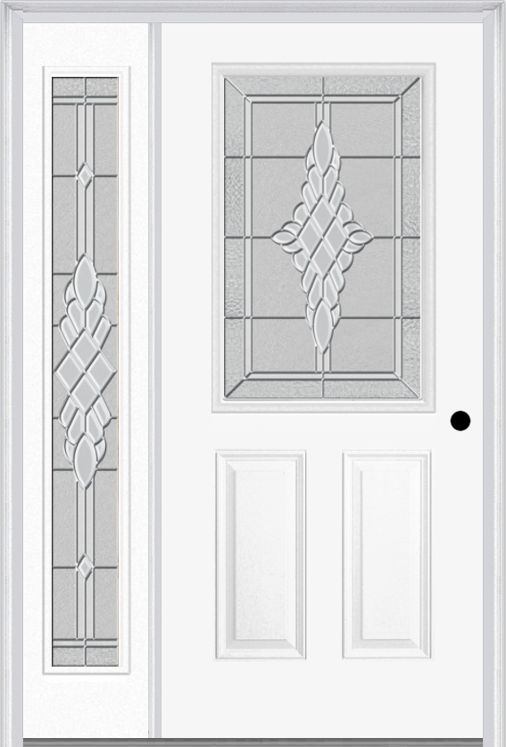 MMI 1/2 Lite 2 Panel 6'8" Fiberglass Smooth Grace Nickel Or Grace Patina Exterior Prehung Door With 1 Full Lite Grace Nickel/Patina Decorative Glass Sidelight 684