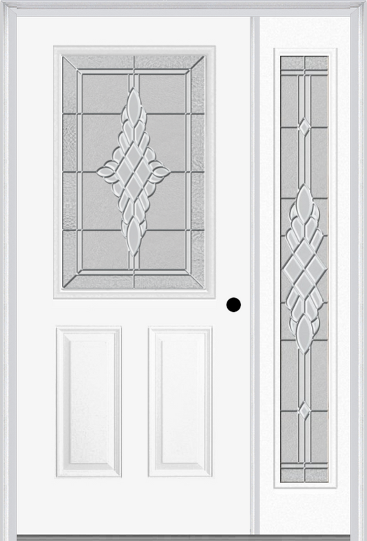 MMI 1/2 Lite 2 Panel 6'8" Fiberglass Smooth Grace Nickel Or Grace Patina Exterior Prehung Door With 1 Full Lite Grace Nickel/Patina Decorative Glass Sidelight 684