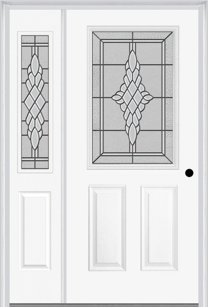 MMI 1/2 Lite 2 Panel 6'8" Fiberglass Smooth Grace Nickel Or Grace Patina Exterior Prehung Door With 1 Half Lite Grace Nickel/Patina Decorative Glass Sidelight 684