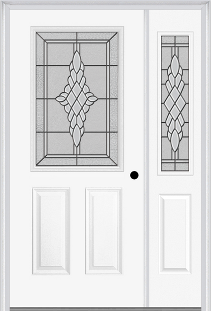 MMI 1/2 Lite 2 Panel 6'8" Fiberglass Smooth Grace Nickel Or Grace Patina Exterior Prehung Door With 1 Half Lite Grace Nickel/Patina Decorative Glass Sidelight 684