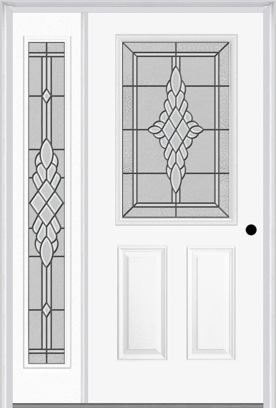 MMI 1/2 Lite 2 Panel 6'8" Fiberglass Smooth Grace Nickel Or Grace Patina Exterior Prehung Door With 1 Full Lite Grace Nickel/Patina Decorative Glass Sidelight 684